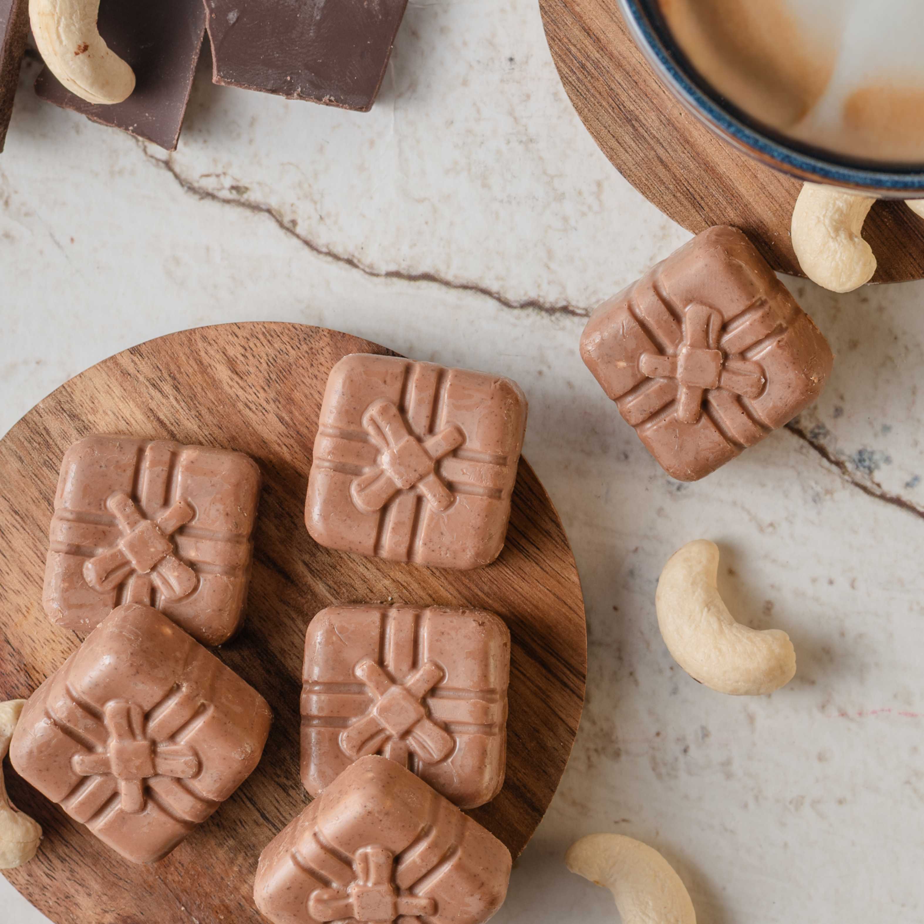 Buy Cashew Chocolate treats packed with Cappuccino—enjoy from World of Mysore Pak.