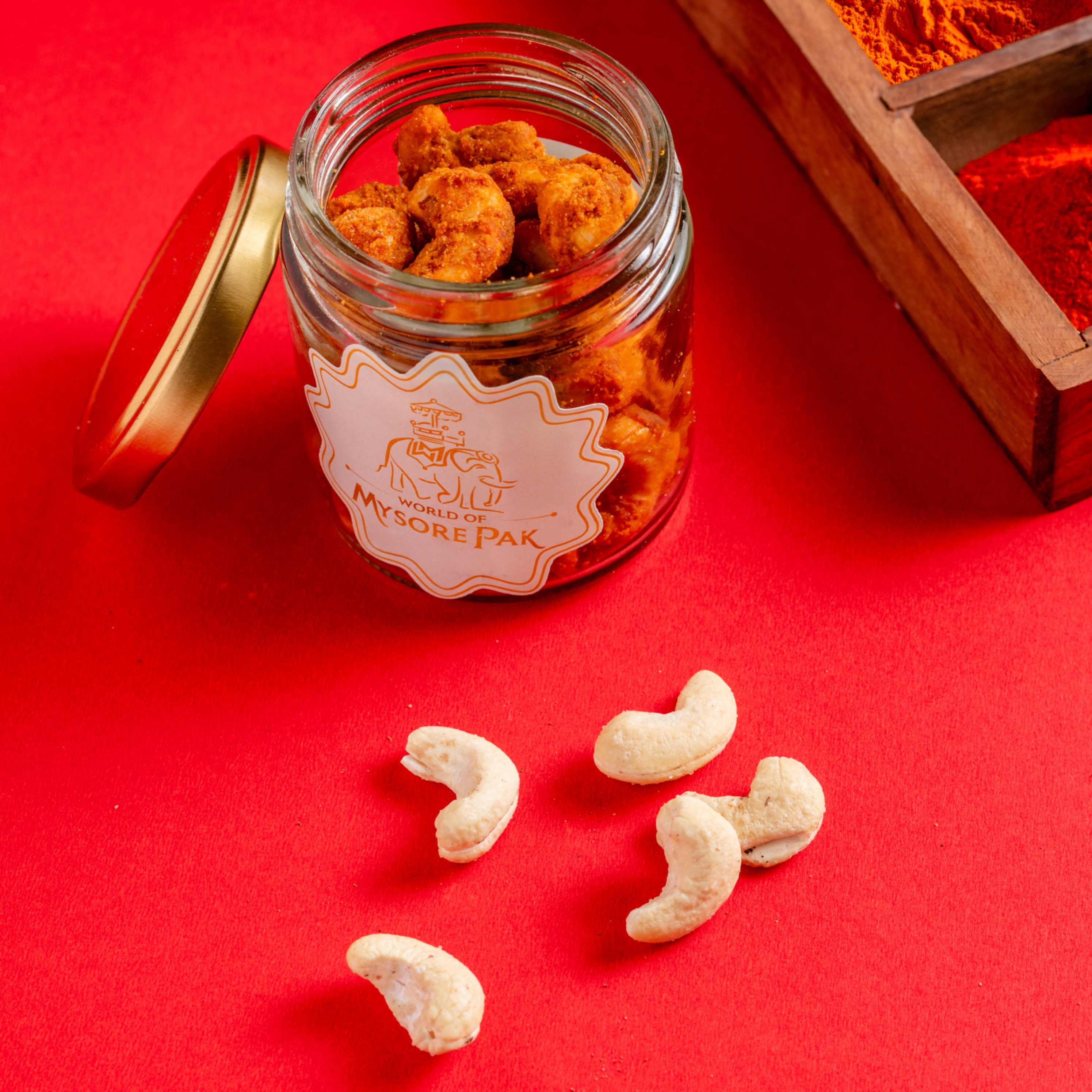 Buy Masala Cashew online from World of Mysore Pak. A crunchy cashew nut snack with bold spices.