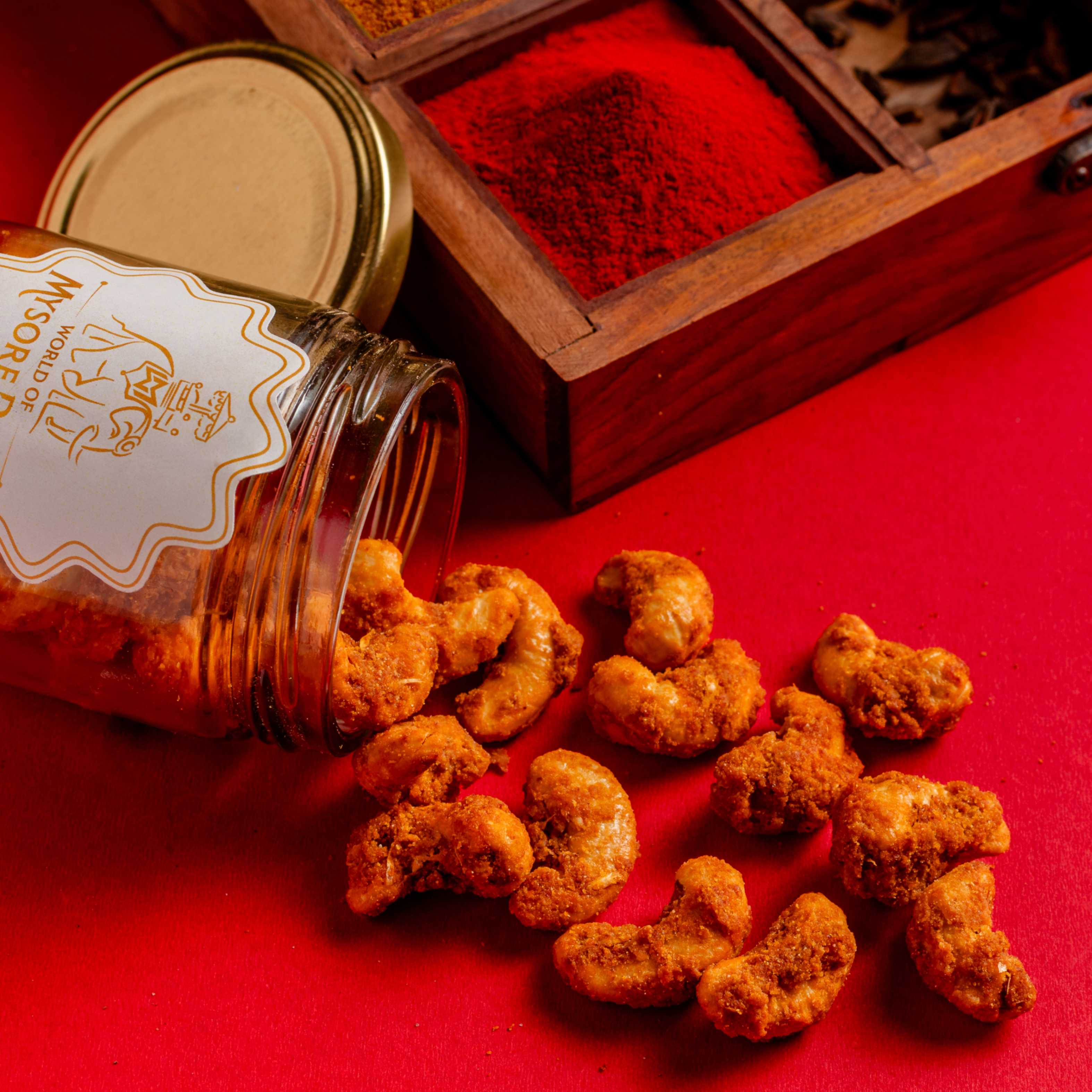 Buy Roasted Masala Kaju online from World of Mysore Pak. Spicy roasted cashews packed with masala flavor.